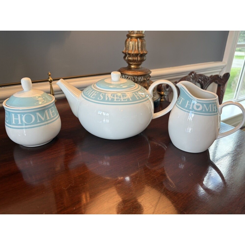 Waterside Fine China Blue and White Home Sweet Home Tea Set Vintage 3 Piece